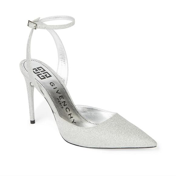 NWT$825 Givenchy Logo Ankle-Strap Silver Glitter Leather Pumps 100 Heels Sz 9 - Picture 4 of 16